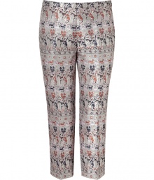 Channel the sophisticated style of Jackie O in these chic cropped brocade pants from Jil Sander Navy - Flat front, three-quarter length, all-over brocade print, concealed side zip closure - Style with a tie-neck blouse and peep-toe pumps