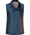 Sophisticated top in fine blue silk with a slightly iridescent  effect - Narrow, sleeveless silhouette with a slightly tapered cut and elegant shawl collar - Pair with skinny jeans or fitted black pants and heels, or with a pencil skirt and knee-high boots