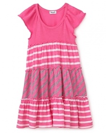 She'll look sweeter than candy in this contrast stripe dress, featuring bright color and tiered ruffle details.