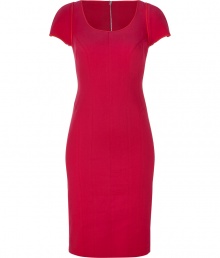 Luxe dress in fine, bright pink cotton stretch blend - Sheath style hits just above the knee and creates a flattering, curve-hugging silhouette - Fitted bodice with wide, round neckline and short sleeves - The sexy, standout detail: back zip extends from nape of neck to hem - Perfect for parties, dressy luncheons and evenings out - Pair with strappy sandals or classic pumps and a clutch