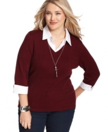 Layer on style with Elementz' three-quarter-sleeve plus size sweater, including a shirt inset.