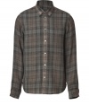 Rugged casual looks get a chic urban remake in Marc by Marc Jacobs tonal grey wool plaid shirt - Long sleeves, buttoned cuffs, button-down front, shirttail hemline, lightly tailored - Pair with jeans and broken-in leather belts