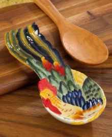 Less mess, more charm. The Ricamo® spoon rest features a hand-painted rooster design, with the colorful tail feathers curving off the dish with flourish. Hand wash recommended. Spoon not included.