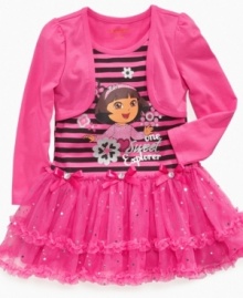 No need to search for a sweet style with this shrug tutu dress from Nannette, featuring a sparkly Dora graphic on front.