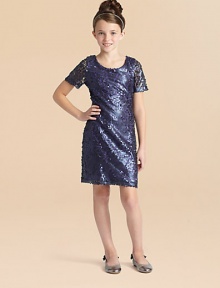 She'll shine like a disco ball in this slim-fitting, sequined shift dress.ScoopneckShort sleevesConcealed back zipperFully linedNylon/polyester/spandexDry cleanMade in the USA