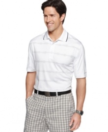 Master those eighteen holes in first class style with this striped performance polo from Greg Norman for Tasso Elba.