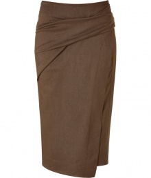 Luxurious skirt in a fine caramel brown linen-wool blend - With trendy sarong wrapped draping and in the absolute trendy and new midi length - The awesome alternative to the eternal pencil skirt - Slim cut, wonderfully comfortable, thanks to a little stretch - Wear to the office (with a shirt or blouse and blazer) or after work (with a top and leather jacket)