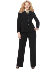 A pop of pleating at the hem of the jacket and a removable printed scarf makes this plus size suit by Le Suit a striking addition to your work wardrobe.