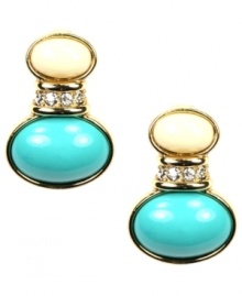 Who said studs should be subtle? AK Anne Klein's head-turning style combines bold turquoise, subdued ivory, and sparkling clear epoxy. Set in gold-plated mixed metal, earrings feature a clip-on backing for non-pierced ears. Approximate diameter: 3/4 inch.