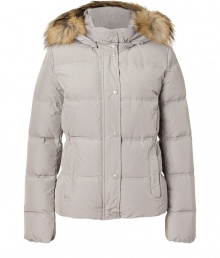 Withstand the cold, while remaining stylish, in this high quality quilted down jacket from outdoor outerwear experts Woolrich - Stand collar, raccoon fur-lined hood, snap front placket with concealed zip closure, long sleeves, zip pockets, quilted, snow and water resistant, slim fit - Perfect for a ski vacation or a chic winter-ready look