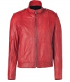 Inject eye-catching style into your modern outerwear collection with Hugos bright red leather jacket - Stand-up collar, long sleeves, metal front zip, snapped epaulettes, zippered slit pockets, quilted trim - Contemporary short slim fit - Team with modern knits, slim cut trousers and leather boots