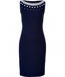 Inject an edge of modern elegance into your outfit with Moschinos ultra contemporary dot studded sheath - Boat-neckline with dot embellished trim, elasticized back with peplum, hidden side zip - Tailored silhouette - Wear with ladylike peep-toes and a statement clutch