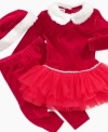 Celebrate the season with this adorable velour Santa dress set by Blueberi Boulevard with a tutu dress, leggings and matching holiday hat.