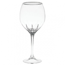 A classic pattern now features a platinum metal band creating pieces that are even more striking than the original. Wine, goblet, flute and iced beverage are available to make a full suite.