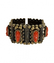 Bring heightened style to your day or night look with this ultra-chic cuff from New York City-based accessory label Dannijo - Large size with stylishly distressed oxidized brass and red stone cameo details - Wear with a classic cocktail dress or an on-trend off-duty ensemble