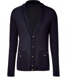 Elegant cardigan in fine, pure navy blue silk - Super-soft, lightweight material feels like a second skin - Deep v-neck and long, fitted sleeves - Decorative gold buttons close two flap pockets and dot the button placket - Slim, slightly tapered cut - A sleek and stylish go-to that seamlessly transitions from work to weekend - Pair with suit trousers or try a more casual look with slim jeans, chinos or Bermudas