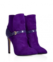 Work a kick of color into your look with Emilio Puccis bright violet patent detailed suede ankle boots - Pointed toe, patent leather buckled strap and back counter, metal detailed patent leather stiletto heel - Ankle height - Wear with everything from slim fit trousers and blazers to colorful print dresses