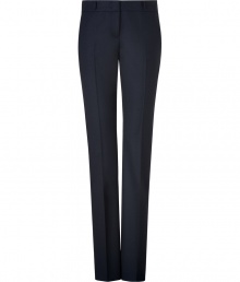 Jil Sanders navy straight leg wool pants are an elegant example of precision tailoring - Side slit pockets, hidden hook closure, belt loops - Medium-rise, slim cut with a touch of stretch - Polished and effortlessly chic, perfect for pairing with button-downs or pullovers and ballet flats or pumps