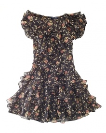 An array of ruffles on floral-print chiffon makes for a pretty season-spanning dress.