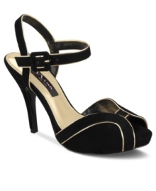 Nina's Devera evening pumps feature metallic piping throughout that shines spectacularly against the dark suede upper.