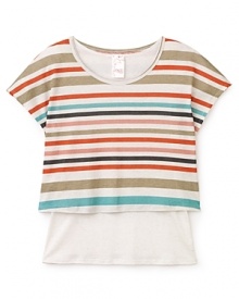 From Kiddo, a chic layered look built around this beautifully-hued cropped top and solid white under shirt.