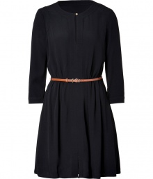 Inject lady-chic sophistication into your contemporary daytime look with Juicy Coutures belted crepe sheath - Rounded neckline with slit and gold-toned logo button, 3/4 sleeves, gathered tailored waistline, flared skirt, thin saddle patent belt - Softly tailored, feminine fit - Wear with everything from flats and totes to heels and statement clutches