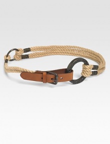 Supple genuine leather combines with jute rope straps for a decidedly rugged style. About 2 wideJuteDry cleanImported