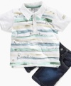 Get him prepped for fun in this dapper polo shirt and denim short set from Kenneth Cole Reaction.