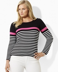 Accented with bold stripes and luxe silver-tone buttons, the Jomine sweater is a chic modern essential in soft ribbed-knit cotton.