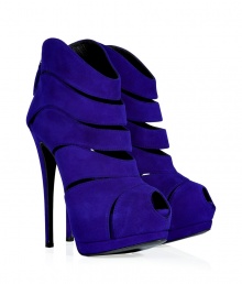 Finish your look on a dramatic note with Giuseppe Zanottis rich violet suede cut-out sandals, styled with flattering curved lines for an ultra-chic, modern edge - Peep-toe, back zip, hidden platform, stiletto heel - Style with pencil skirts and sharply tailored tops