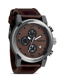 In a chronograph design, Nixon's The Ride watch mixes stainless steel with rustic leather for a look that makes a bold yet laid-back impression.