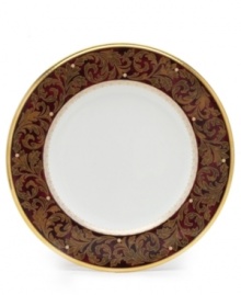 Add drama to your tabletop with this bold pattern from Noritake! Strikingly elegant, this bone china features a rich gold and red brocade border adorned with soft ivory dots and a gold band.