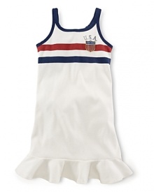 In celebration of Team USA's participation in the 2012 Olympics, a sporty ruffled dress features red, white and blue stripes and an embroidered flag patch for heritage flair.