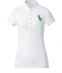 Detailed in breathable cotton stretch mesh, Ralph Laurens big pony polo is a cool modern take on this iconic style - Small collar, button placket, short sleeves, oversized shiny green embroidered polo player at chest, slit sides, high-low hemline - Slim fit - Wear with your favorite jeans and just as bright loafers