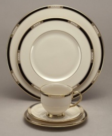 For nearly 150 years, Lenox has been renowned throughout the world as a premier designer and manufacturer of fine china. Part of the White House collection since 1918, the Hancock place settings are formal, gracious and traditional. It presents a gold Celtic-knot motif against black-banded, translucent ivory bone china, edged in polished gold.