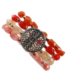 Inspire your style with this breezy style. Lucky Brand's intricate bracelet features a four-row, glass beaded design in neutral and crimson hues. Center is adorned by an openwork charm in mixed metal. Approximate length: 7-3/8 inches.