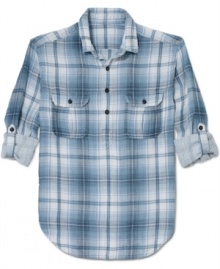 With easy pullover styling, this Lucky Brand Jeans plaid shirt is the right one for the weekend.