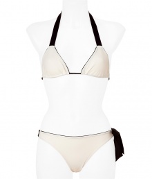 Philip Lim brings minimalistic modernity to the classic bikini with a streamlined cut and clean details - Triangle top with thick contrasting halter strap, contrasting rim, bottom with side ribbon detail - Style with a sheer caftan, high heel sandals, and a floppy hat