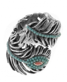 In fine feather! A pretty peacock feather design sets apart this stylish ring from Lucky Brand. Embellished with plastic beading, it's set in silver tone mixed metal (nickel-free for sensitive skin). Size 7.