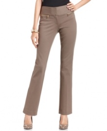 Alfani's petite pants look extra chic with a slim-fitting, straight-leg silhouette and a wide waistband. Gold zippered pockets are a shiny finishing touch.