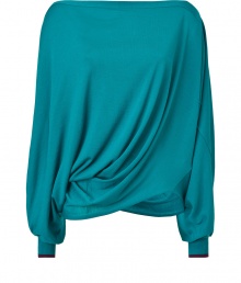 Try Puccis draped knit top for a sophisticated, of the moment spin on the classic pullover - Boxy cut and soft, curved hem - On trend in a lightweight, aquamarine virgin wool - Flattering boat neck and long, cuffed dolman sleeves -  Pair with cigarette pants, skinny denim or a pencil skirt and platform pumps or ballet flats