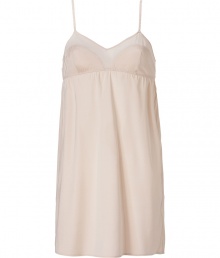 Stylish camisole slip dress in nude silk and silk chiffon - Elegant gathering under the bust (empire effect) - Very slim spaghetti straps - The slip dress falls loose, yet fits snug - Stylish, yet sexy too, also wonderfully comfortable, thanks to the stretch content - Pair with the matching briefs