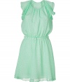 Fun, flirty dress in fine mint green silk - Sweet polka-dot pattern - Narrow silhouette with round, gathered neckline and ruffled short sleeves - Thin belt accentuates waist - Slightly flared skirt in sexy short length - Perfect dress for summer parties - Pair with peep toe sandals or wedges and a delicate shoulder bag