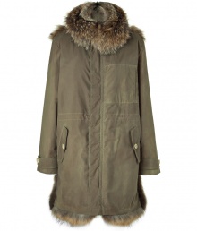 Invest in style with this ultra-luxe fur-laden parka from Joseph - Large fur collar and fur-lined hood, concealed front zip closure, long sleeves with belted cuffs, patch pockets, back fun panel- Wear with an elevated jeans-and-tee ensemble or a casual cocktail look