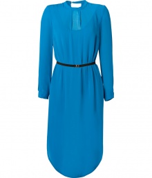 A billowy silhouette and a punchy seaside-inspired hue imbue this Malene Birger frock with trend-right appeal - Stand collar, pleated detail at neckline, long sleeves with gathering at cuffs, curved asymmetric hem, open back with button closure at back neck, sheer overlay, solid underlay - Wear with statement heels and a studded clutch