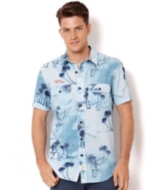 Aloha style. This Nautica palm tree print shirt is ready to party by the sea.