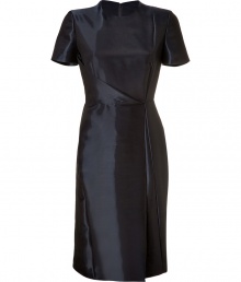 Clean lines and folds make this sophisticated dress super-flattering - Designed in dark blue rayon-silk blend for an excellent fit and feel - Features a slim silhouette, small round neck and short sleeves - Pencil skirt style falls at knee - Wear for evening events and cocktail parties with heels or glam sandals, and a favorite clutch and jewelry