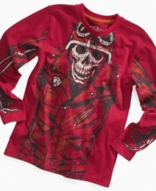 Outfit your wild one in this long-sleeved biker T-shirt from Industry 9, featuring a bone-chilling skeleton graphic that extends all the way down both arms.