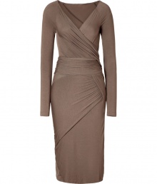 Ultra-luxe nougat jersey dress - Channel old Hollywood elegance with a modern touch in this sexy dress - Expertly draped to hug your figure in all the right places - Flattering neutral color in comfortable and chic jersey - Wear with nude fishnets and platforms for a cocktail party-ready look - Try with patterned tights, wedge heels, and a trench