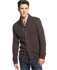 This isn't your grandad's sweater. This shawl collar cardigan from Hugo Boss is bring modern cool to a classic.